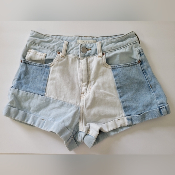 PacSun Blue and White Patchwork Casual Summer Jean Denim Mom Shorts - Picture 1 of 8